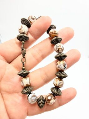 Vintage Marble Bead Bracelet with Antique Bronze Spacer Beads
